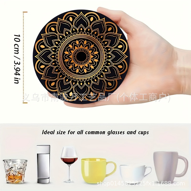 8 個ゴールデン曼荼羅木製コースターブラック & ゴールド & 耐久性のあるコーヒー紅茶ドリンク装飾コースター|undefined