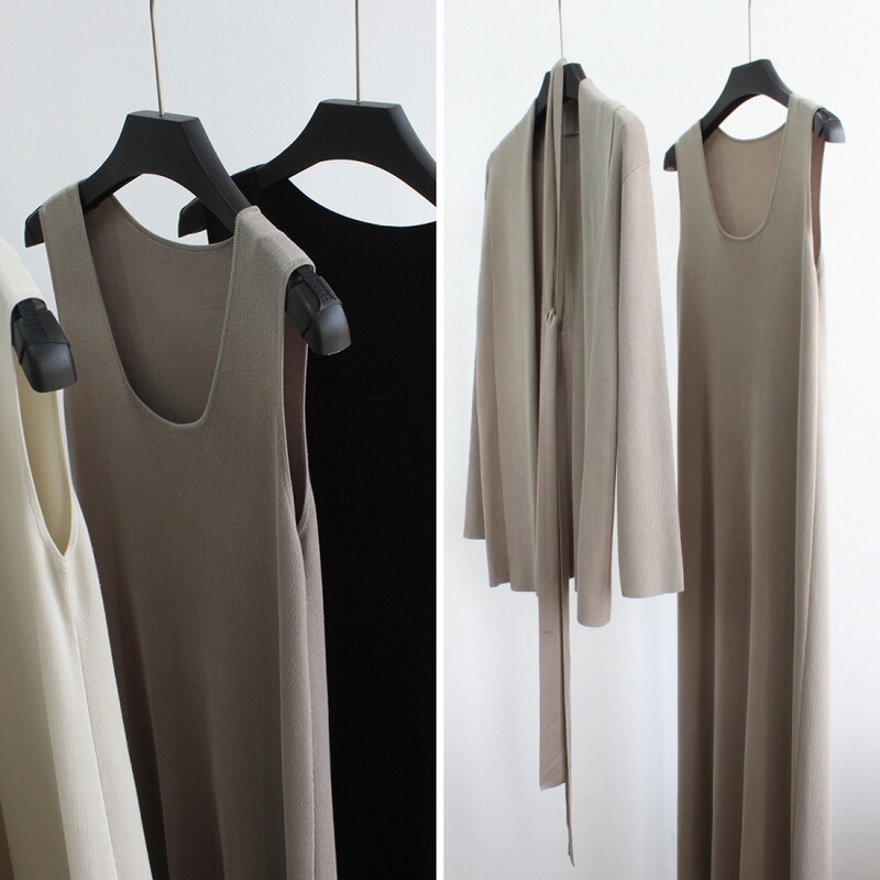 Knitted ultra-long skirt solid color U-collar dress women's spring and summer inner bottoming dress skirt vest skirt can be suit