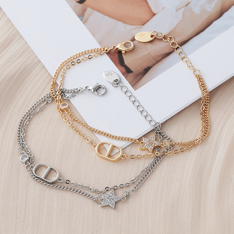 Zircon-Encrusted Star Oval Pig Nose Double-Layer Bracelet Korean Style Sweet Simple Fashion Bracelet Personalized Niche Hand Jewelry for Women