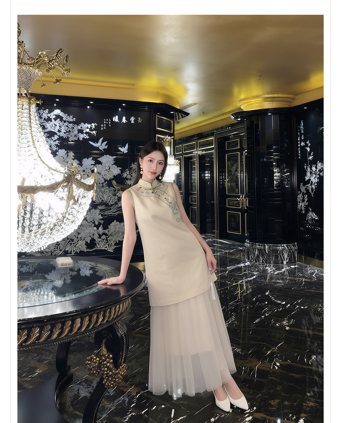 Đầm suông nữ midi phong cách quốc phong, tay không, thêu họa tiết — màu mơ chi tiết 15