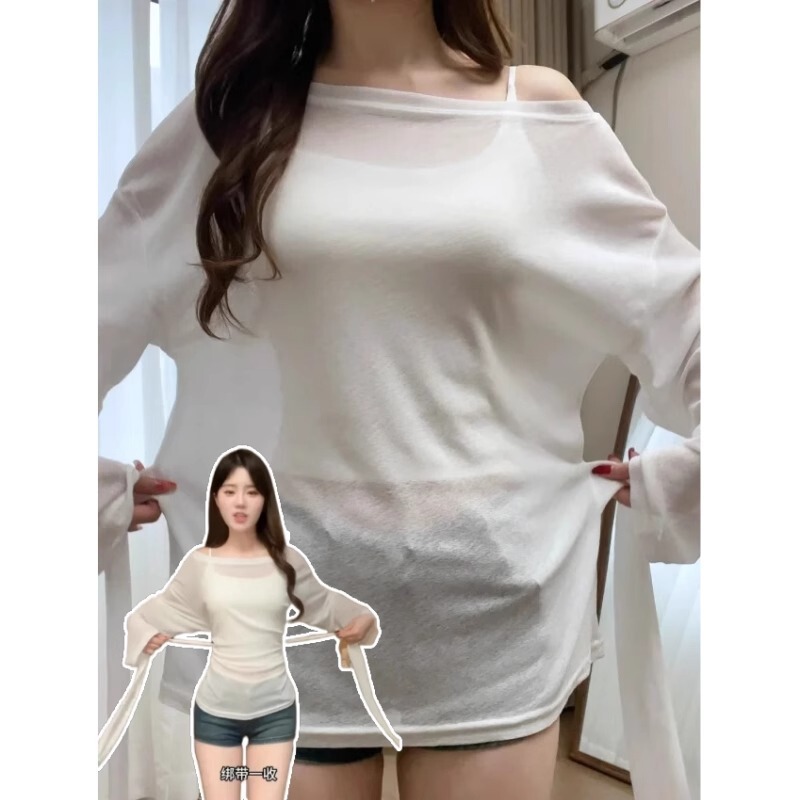White Sun Protection Blouse, Tulle Top, Women's Ice Silk Suspender Two-Piece Set, Back Strap Design, Summer Vacation Wear