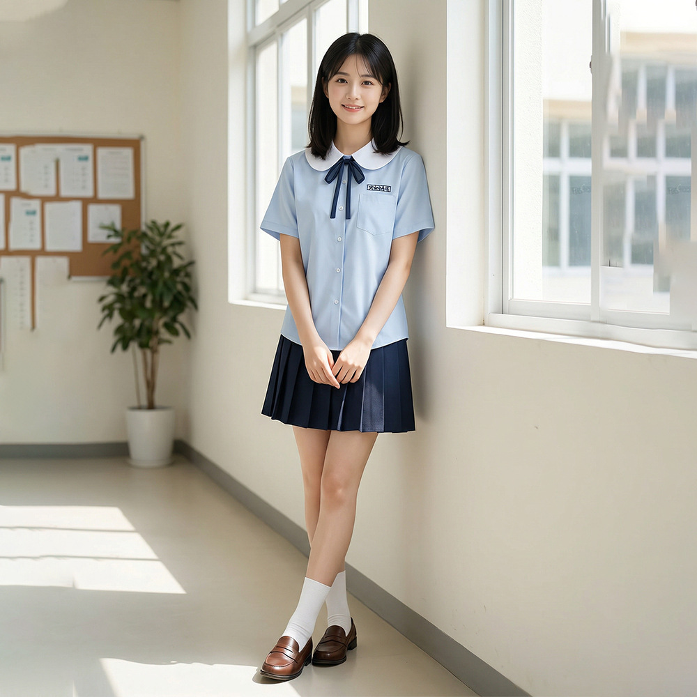 Japanese-Style Academy Style Jk Uniform Light Blue Round-Neck Shirt Navy Blue Pleated Skirt Junior and Senior High School Uniform Class Uniform Graduation Set