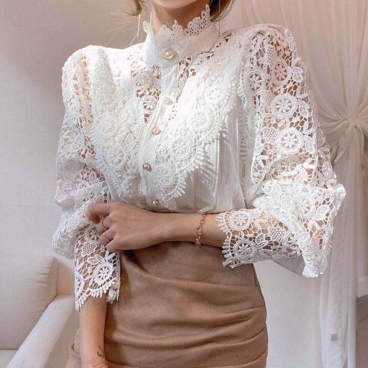 Women's Blouse Long Sleeve Blouses Lace Hollow Out Elegant Solid Color display picture 1