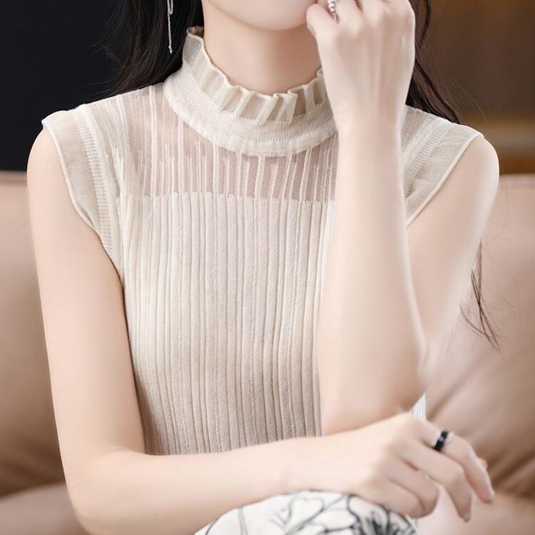 Women's Half-turtleneck Vest with Wood-ear Edge with Cut-off Sleeve Knitted Base Shirt Sleeveless Lace Hollow Top Thin Spring and Summer