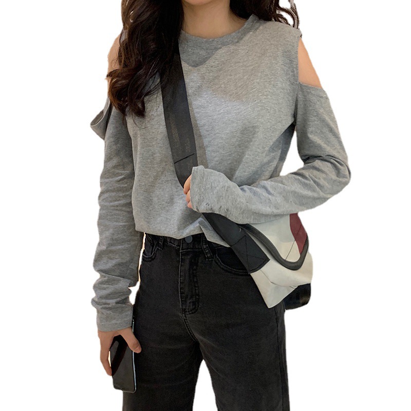 Camiseta de Moda para Mujer 2025, Estilo Influencer, Ajustada, con Hombros Descubiertos, Manga Larga, Estilo Chic