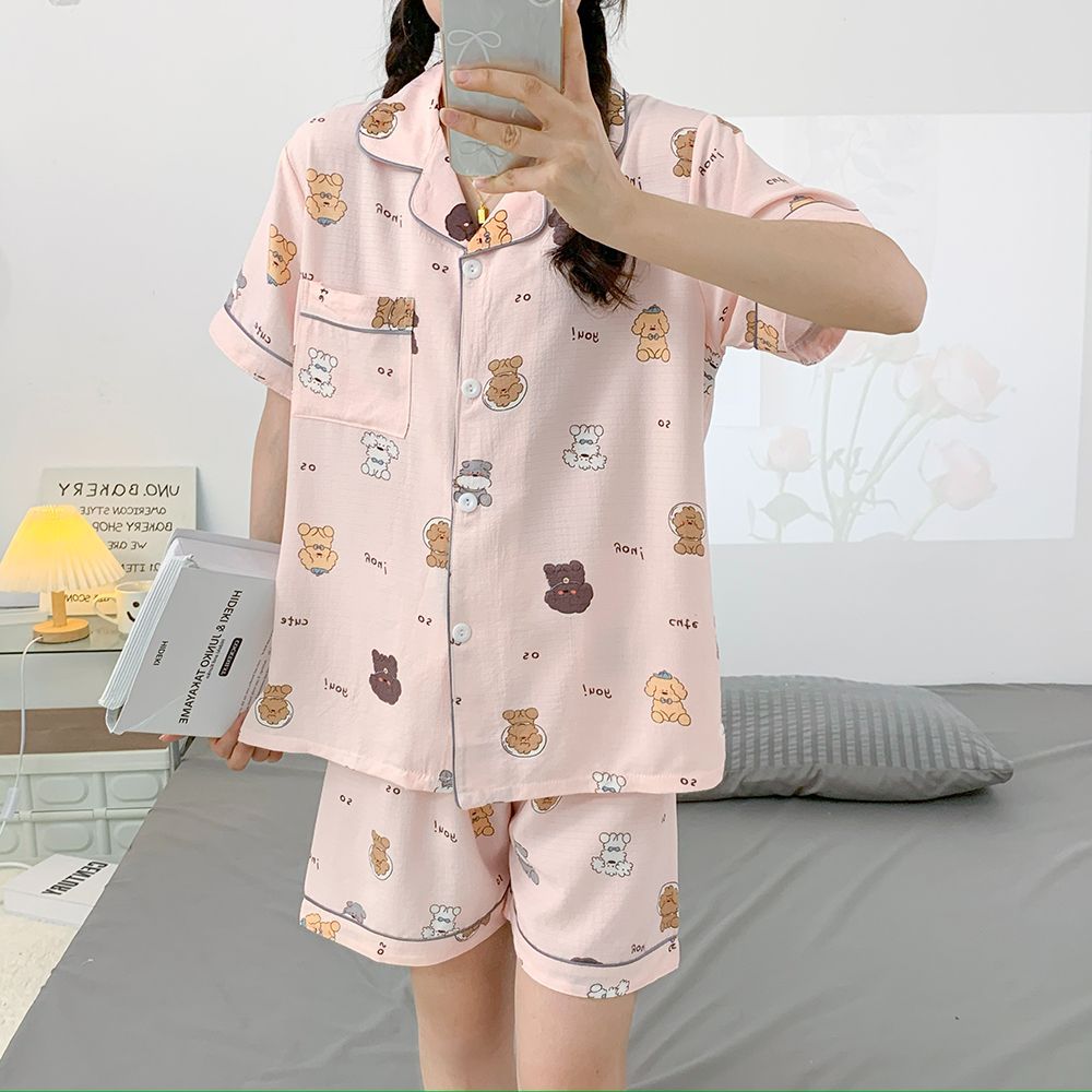 Pantalones cortos de manga corta al por mayor transfronterizos, rebeca, pijamas de solapa, ropa de hogar con estampado de arrugas de burbujas de verano para mujer