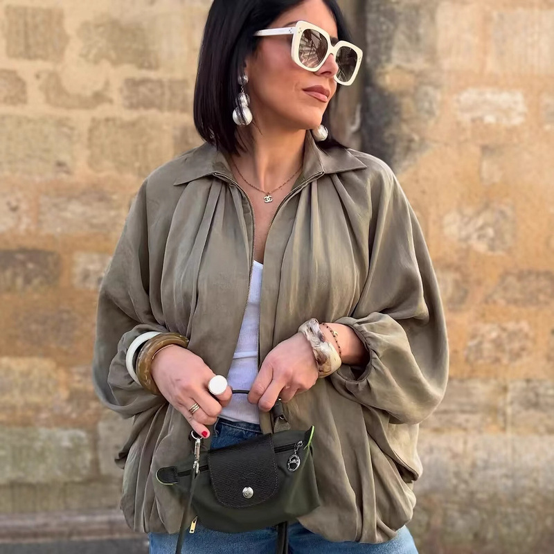 AliExpress Cross-border Trade European and American Women's 2025 Summer New Pleated Loose Canopy Aviator Jacket Coat AliExpress Cross-border Trade European and American Women's 2025 Summer New Pleated Loose Canopy Aviator Jacket Coat