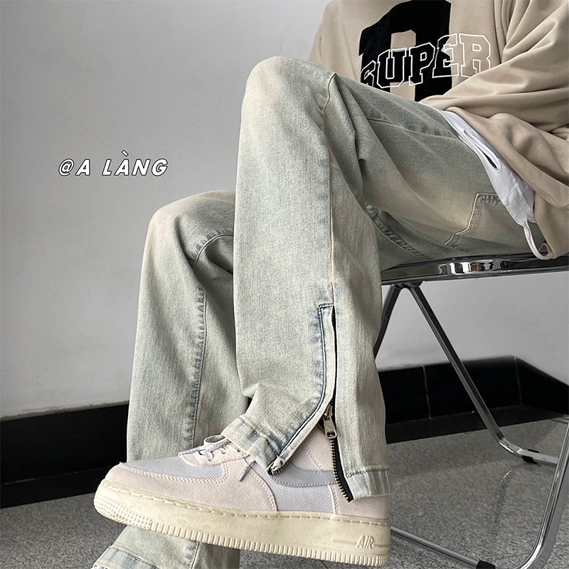 American High Street Vibe vintage jeans hombres lavado viejo amarillo barro teñido cremallera split pantalones largos rectos
