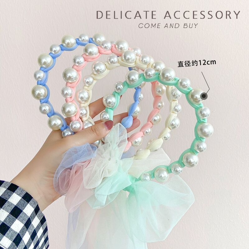 Estilo coreano niñas perla diadema Super hadas malla arco cinta princesa accesorios para el cabello atado trenza tocado niña de las flores