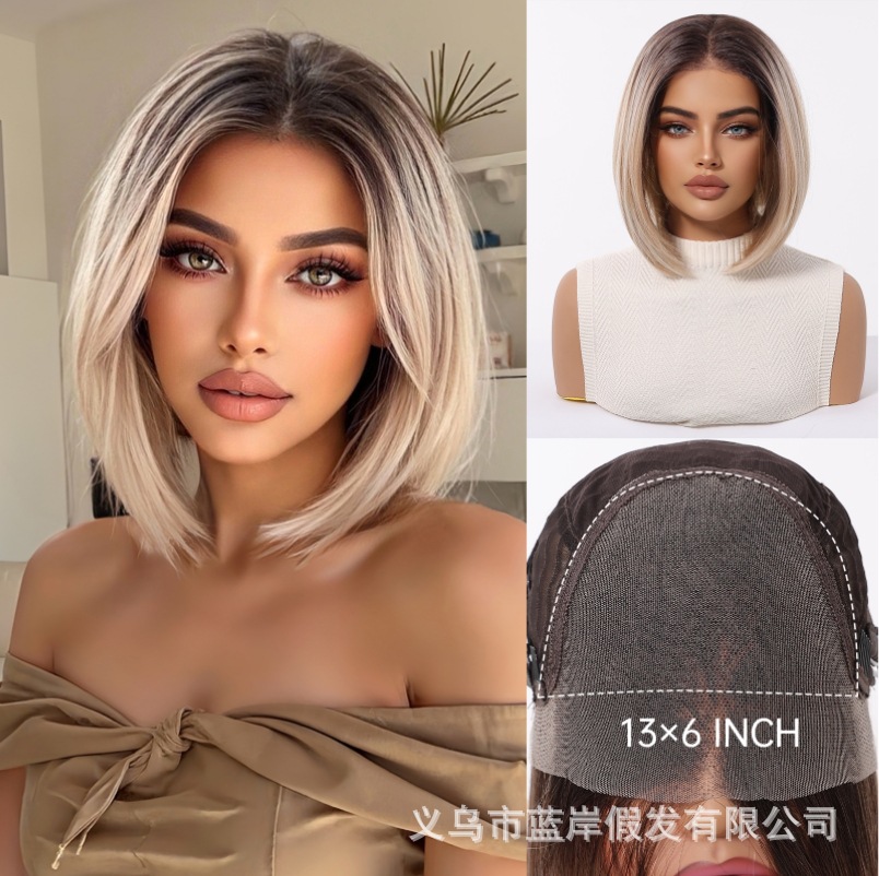 Nueva peluca de encaje completa 13*6, estilo europeo y americano, corte bob, marrón oscuro, estilo corto de verano, stock disponible de fábrica.