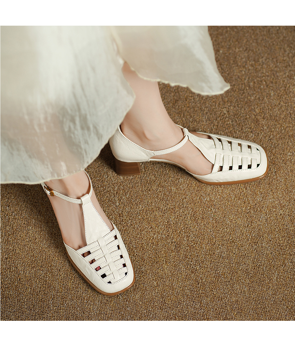 Sandal nữ da bò dệt quai chữ T kiểu La Mã, đế thấp thoáng mát — đen chi tiết 5