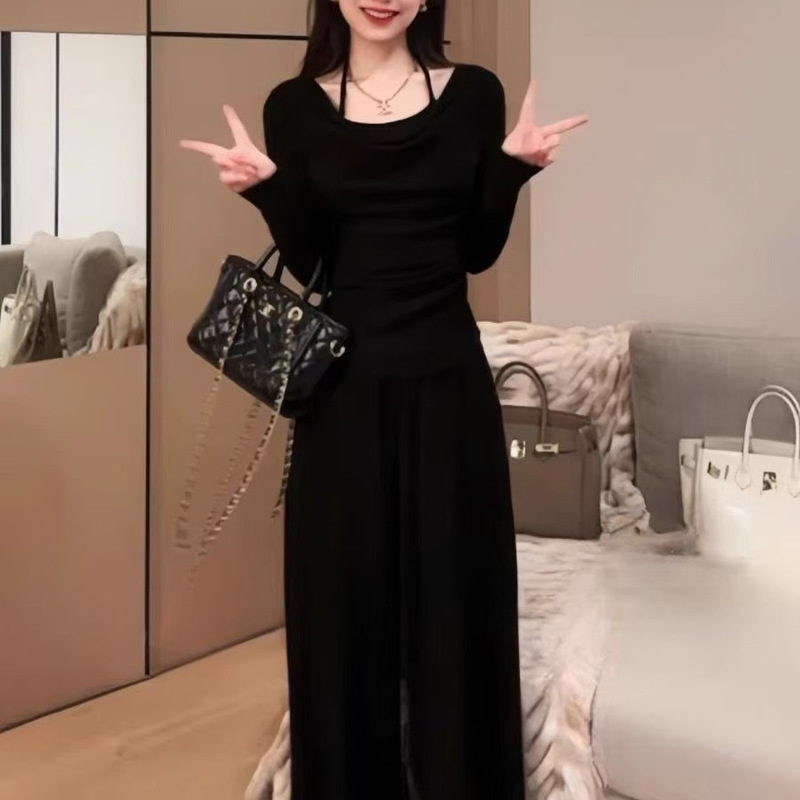 2025秋新款早秋时尚穿搭整套女纯欲风假两件上衣阔腿裤两件套套装|undefined