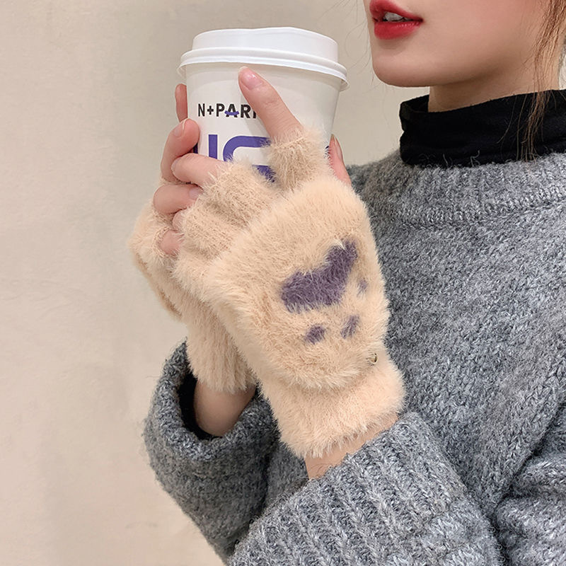 Invierno de las mujeres cálido forrado de lana engrosada estudiante escritura de moda montar lindo punto medio dedo flip guantes de dibujos animados