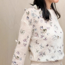 明星同款D家重工立体蝴蝶刺绣透视镂空圆领长袖针织衫女秋季X新款