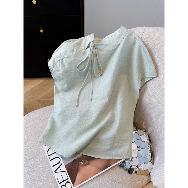新中式立领绿色衬衫女气质国风改良汉服亚麻小衫2024夏季无袖上衣