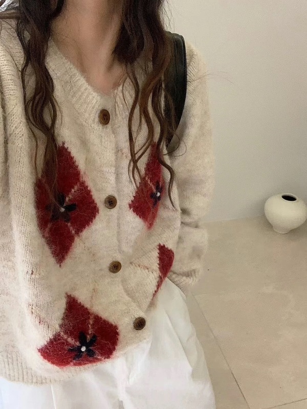 设计感菱格撞色毛衣外套女2025秋冬新款软糯百搭针织开衫上衣1258|undefined