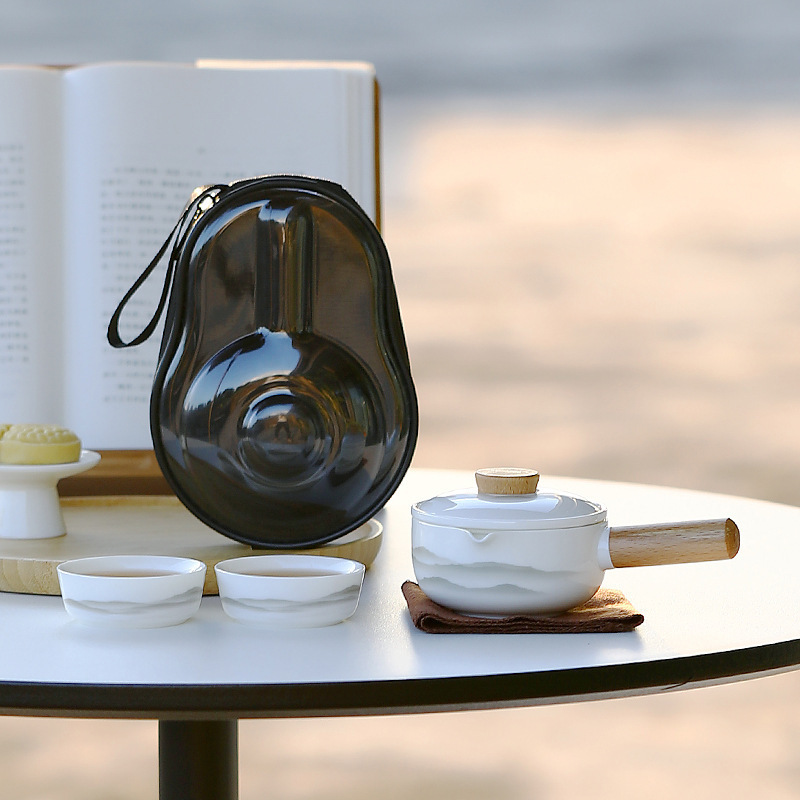 Dehua White Porcelain Jade-Like Side-Handle Teapot, One Pot Two Cups, Mountain Travel Tea Set, Quick Tea Cup, Portable, Customizable Logo