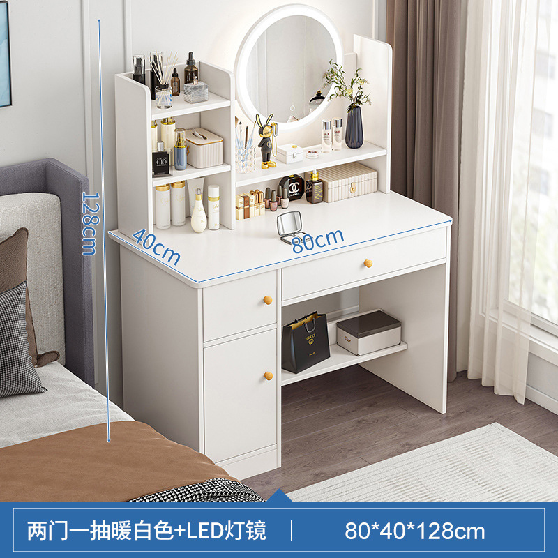 Tocador para dormitorios pequeños, sencillo y moderno, con gabinete de almacenamiento integrado, mini escritorio de maquillaje para apartamentos pequeños.