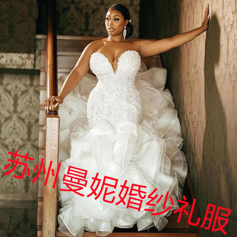 Amazon's new foreign trade wedding dress, European and American cross-border bridal deep V-neck heavy lace train wedding dress Amazon's new foreign trade wedding dress, European and American cross-border bridal deep V-neck heavy lace train wedding dress
