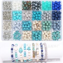跨境新品24格8毫米玻璃珠石头海龟海星银色水钻DIY手链项链首饰