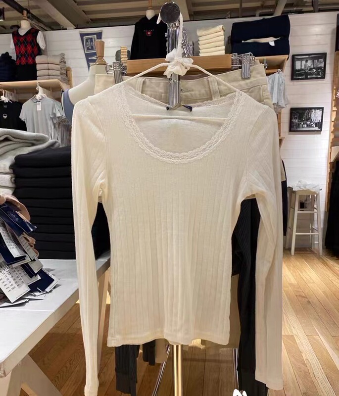 BM Style American Style Sweet Style Cotton Crewneck Lace Eyelet Long Sleeve All-match Slimming Bm Base T-shirt Top Women