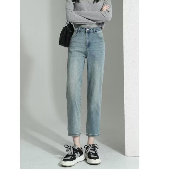 2025 Spring and Autumn New Style Straight Leg Jeans Women Explosion High Waist Loose Slimming Light Color Cropped Narrow Smoke Tube Pants