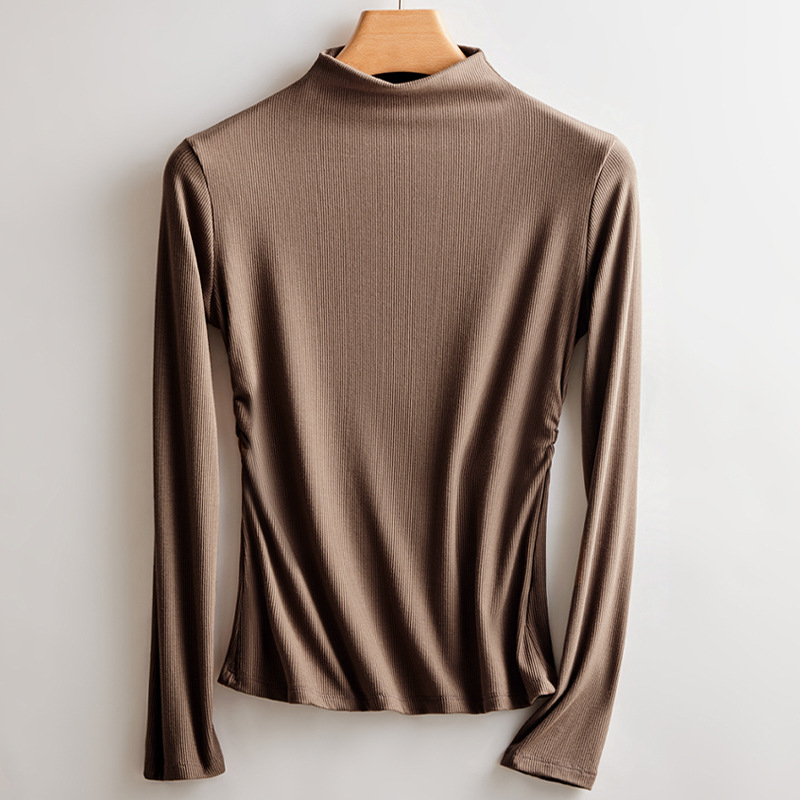 El nuevo cuello ligero y medio alto de hilo es una camisa de fondo de otoño e invierno delgada, alta elasticidad, agradable para la piel, transpirable, chaqueta cálida para mujer