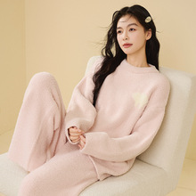 新款半边绒睡衣女秋冬季软绵绵素色圆领加绒加厚保暖家居服可外穿