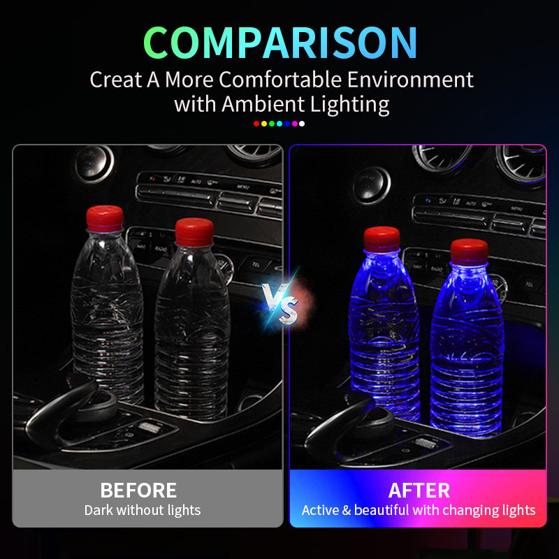Cojín de taza de agua LED luminoso para automóviles colorido cojín de taza de agua de atmósfera de automóviles luz solar USB cojín antideslizante de carga