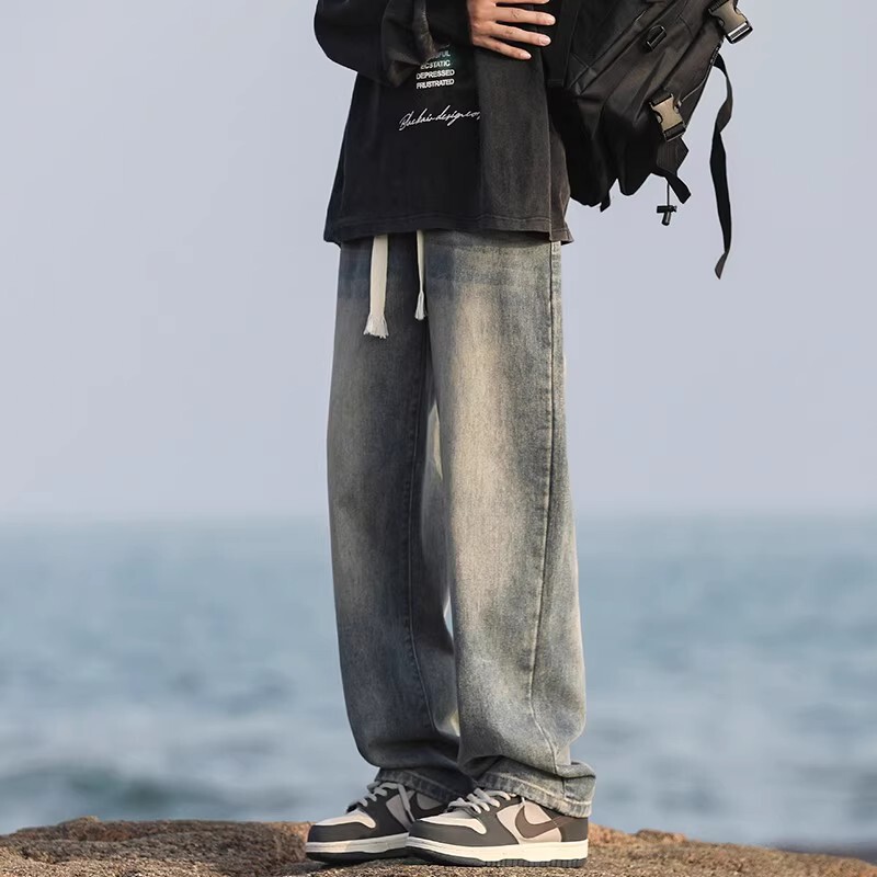 American Retro Straight Washed Jeans for Men, Autumn and Winter Style, Fleece-Lined and Thickened, Trendy Loose Casual Pants for Men