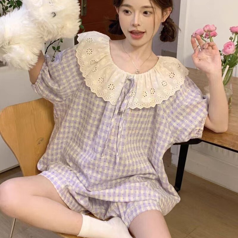 Plaid Pajamas for Women Summer Cloud Cotton Short-Sleeved Shorts Korean Style Sweet Little Fresh Lace Princess Style Home Wear Set