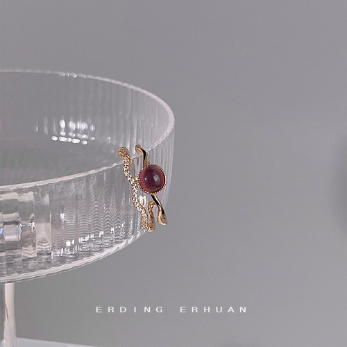Micropaved zircon glass cat's eye ring plated 14K open adjustable ring sweet Japanese and Korean index finger ring jewelry