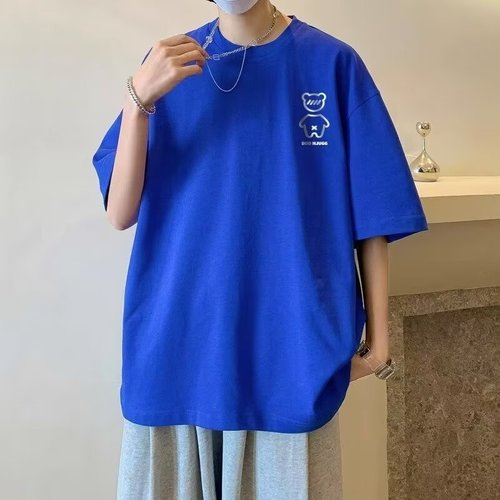 Men's Summer Short Sleeve Half-Sleeve Printed Crew Neck Hong Kong Style T-Shirt Fashion Cool Five-Sleeve Sweatshirt Summer Mid-Sleeve