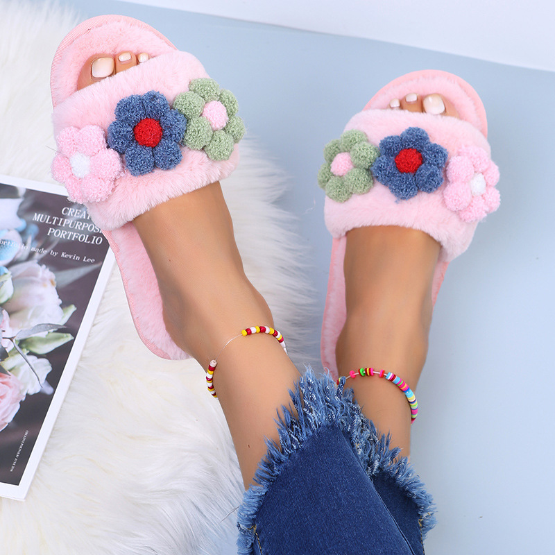 Flat-Bottomed Colorful Flowers Furry Slippers NSKJX104840