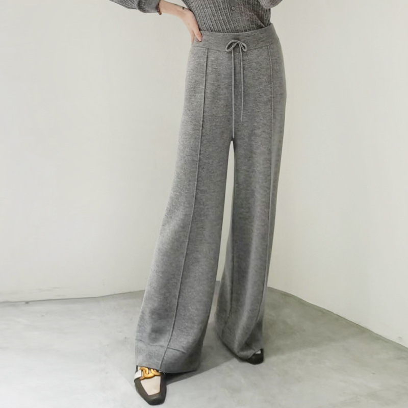 60 PCTS WORSTED CHAO FINE PURE WOOL WIDE LEG PANTS 여성용 외부 착용 4 개의 플랫 바늘 와이드 슬림 느슨한 높은 허리 니트 바지