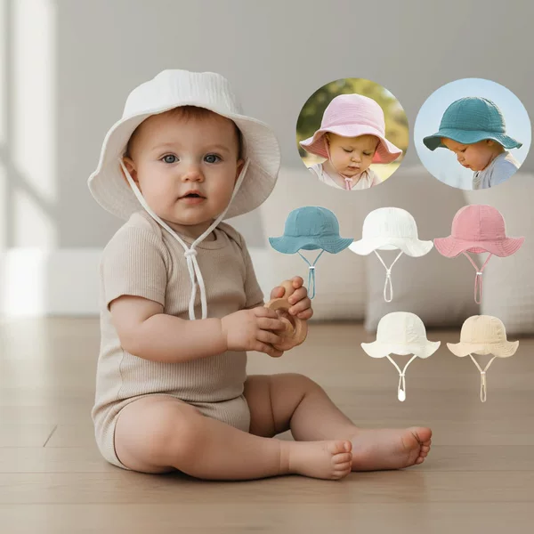 Cross-Border Ins Children's Sun Hat Breathable Cotton Gauze Beach Hat for Boys and Girls Windproof and Sun Protection Adjustable Fisherman Hat