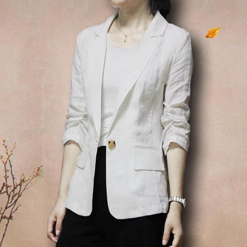 春秋棉麻小西装外套秋季新款薄款亚麻女士大码休闲显瘦西服七分袖|undefined