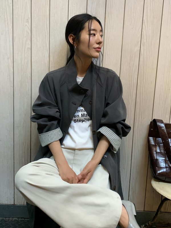 MOXI十三行2025秋季新款韩版立领撞条风衣外套女高级感长款风衣女|undefined