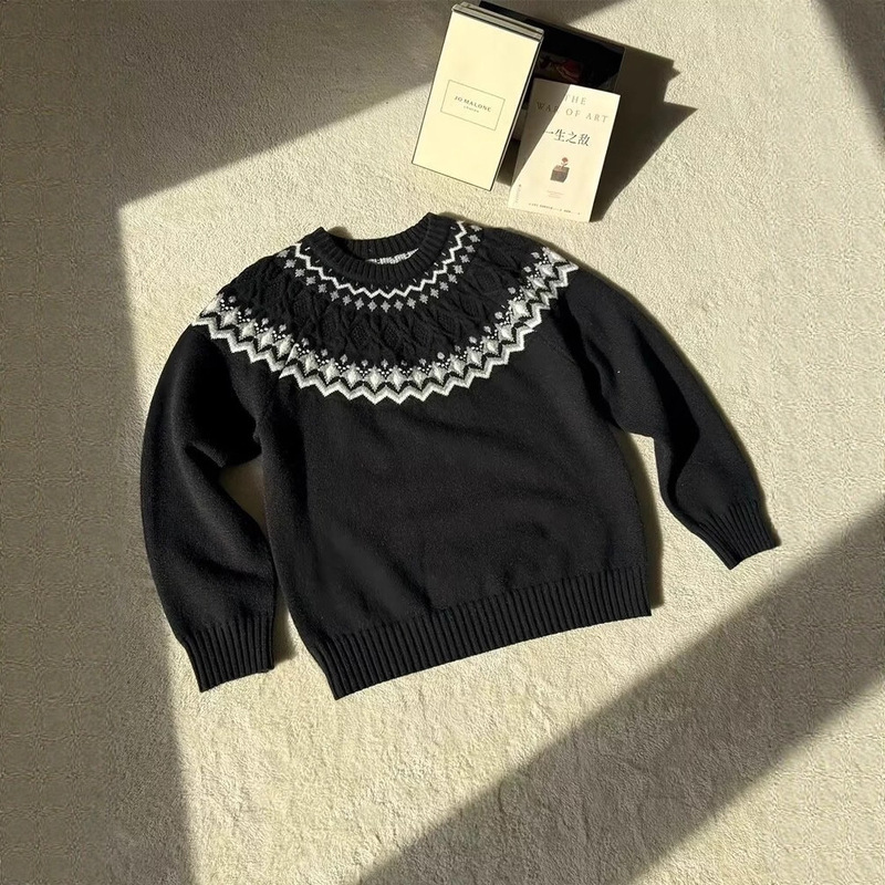 American Retro Fair Isle Boxy Sweater for Men, Autumn High-End Cable Knit Long-Sleeve T-Shirt, Heavy Weight, Regular Shoulder Base Shirt