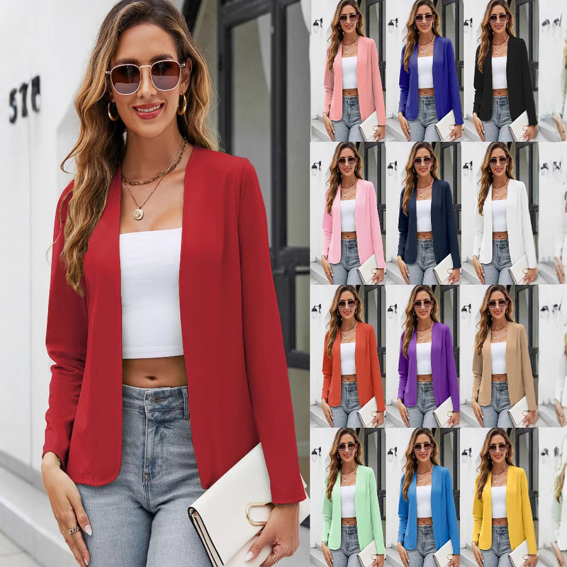 2023 Amazon Independent Station Best Selling Slim Long Sleeve Solid Color Easiest for Match Collarless Cardigan Small Suit Jacket Shawl