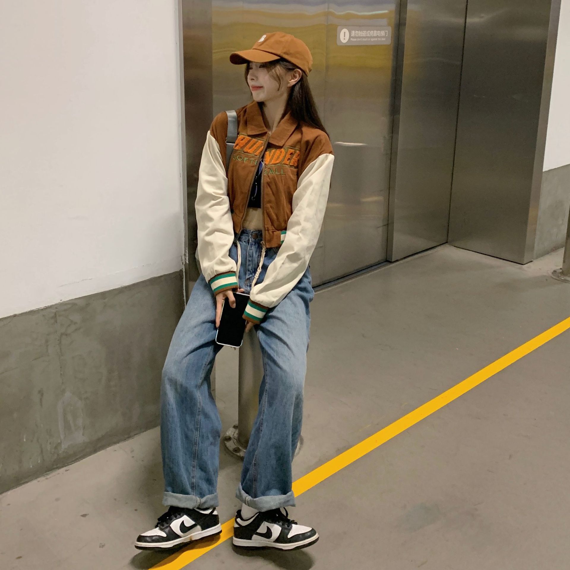 外贸虾皮美式复古辣妹短款vintage棒球服设计感小众夹克长袖外套
