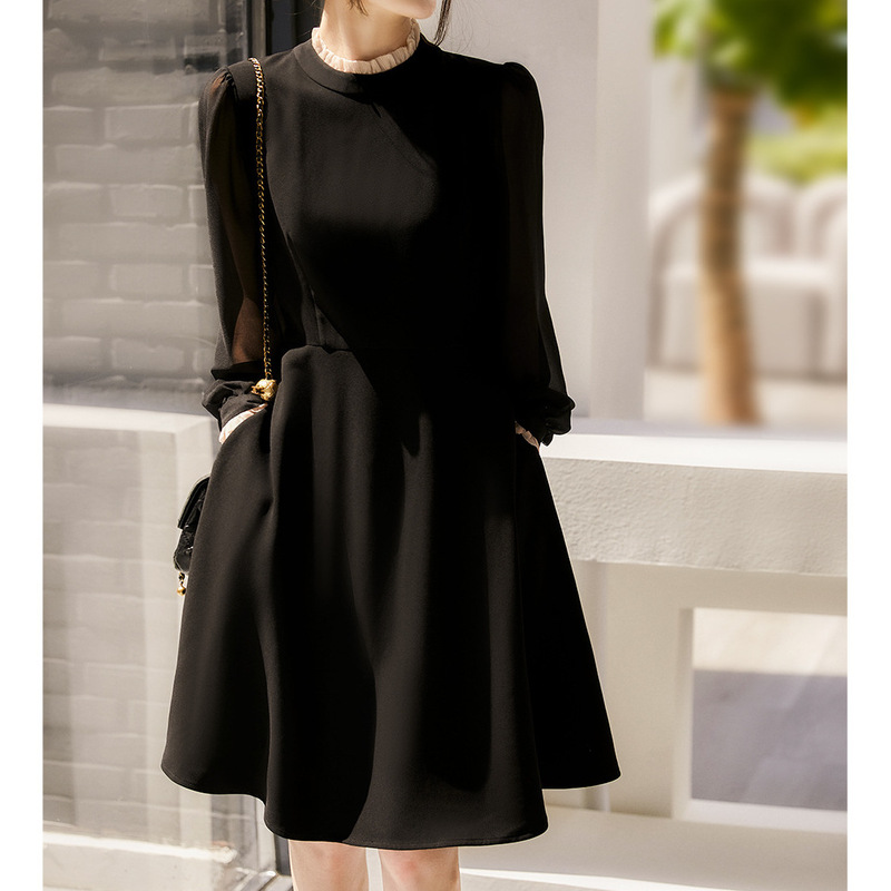 Light and Airy Triacetate Little Black Dress with Lantern Sleeves, New Women's Black Dress for Spring/Summer 2026