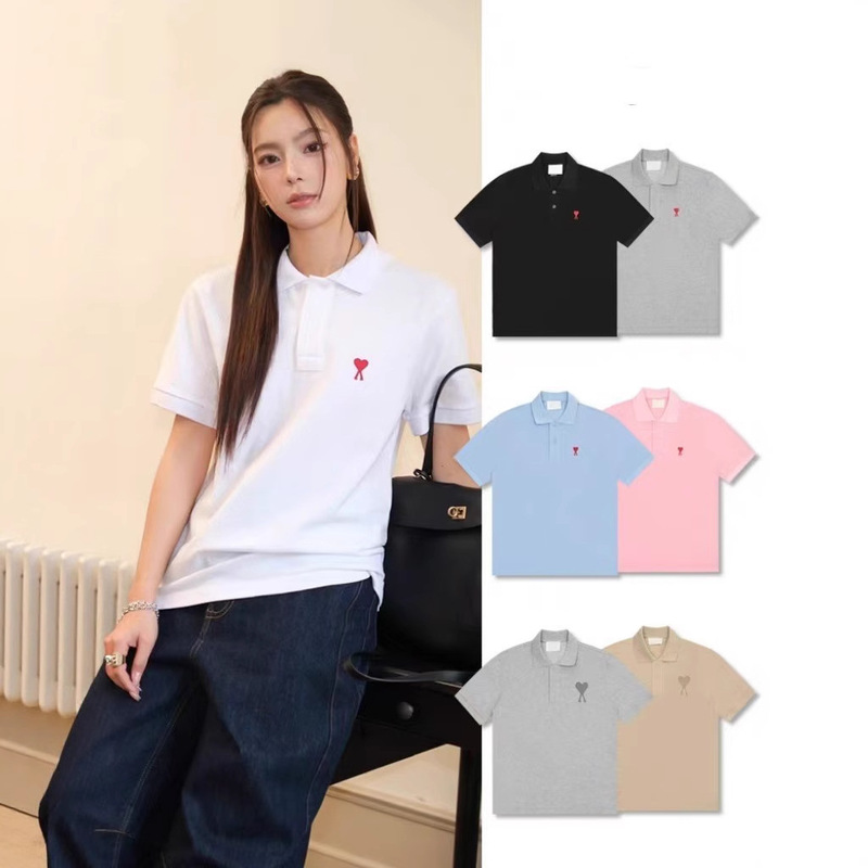 Men's and Women's Same Style Polo Shirt, Classic Heart Simple Cotton Short-Sleeved French Style Lazy Casual Loose Top