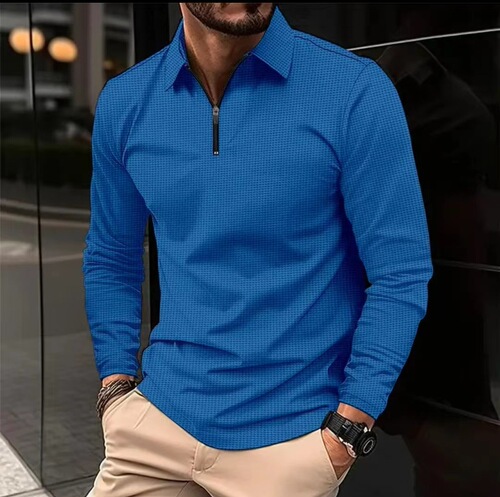 Comfortable Long-Sleeve Honeycomb Polo Shirt for Men - Western Style, Plus Size, Summer, Thin, Solid Color