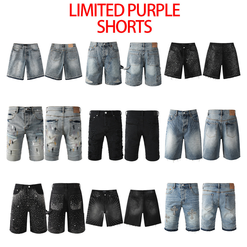 European and American Trendy Brand Limited Purple Shorts Purple Brand Street Hip-Hop Ripped Distressed Denim Shorts