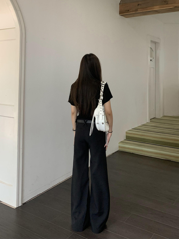 橘子树在哪儿黑色低腰休闲喇叭西装裤女春季高级感垂感宽松拖地裤|undefined