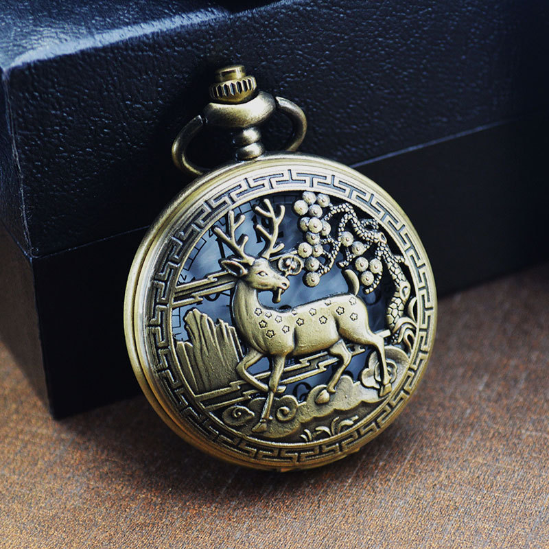 Boshiya New Hollow Sika Deer Quartz Pocket Watch Retro Flip Pocket Watch Casual Clothing Hanging Watch Accessories Wholesale