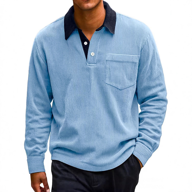 2026 European and American Autumn and Winter New Men's Retro Corduroy Button Pocket Color-Blocking Casual Long-Sleeve Polo Shirt for Men 2026 European and American Autumn and Winter New Men's Retro Corduroy Button Pocket Color-Blocking Casual Long-Sleeve Polo Shirt for Men