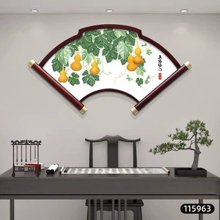 五福临门高档客厅餐桌挂画办公室书房墙壁画新中式扇形茶室装饰画