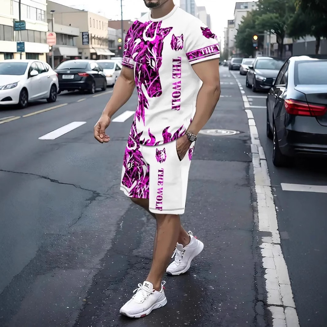 新款欧美跨境男装套装3D数码印花动物图短袖短裤男沙滩运动裤